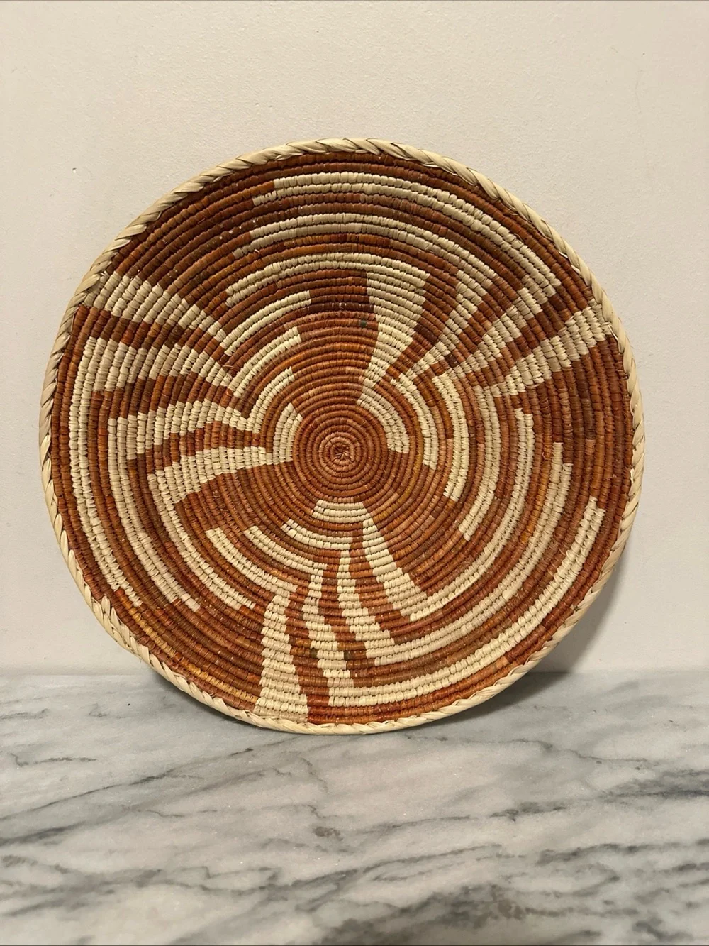 Handwoven Decorative Wall Basket in Brown and Cream small weave vintage